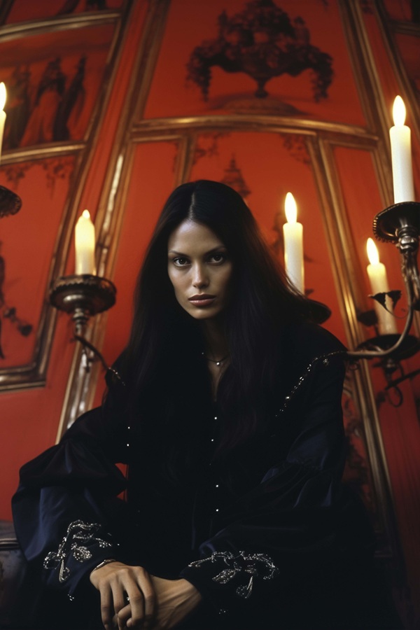 femeie bruneta cu parul lung imbracata in negru intr-o camera rosie cu lumanari aprinse