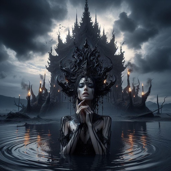 femeie imbracata in negru iese dintr-o apa inchisa la culoare in spate un castel infricosator