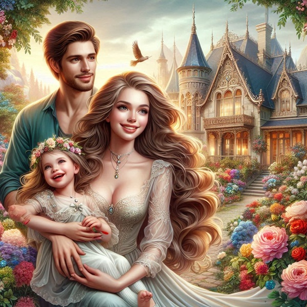 doi parinti isi tin copila in brate in fata unei case mari cu etaje si a unei gradini superbe