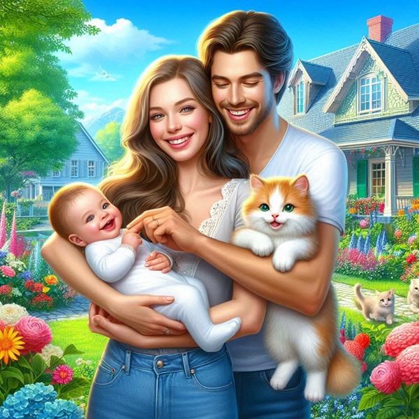 doi parinti tin un bebelus si o pisica in brate in fata unei case