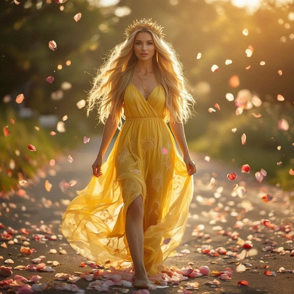 femeie imbracata in rochie galbena cu parul lung blond merge pe un drum prin ploaie de petale de trandafir