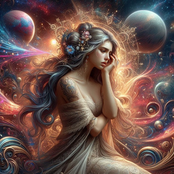 femeie cu parul lung trista si ingrijorata cu mainile incrucisate printre planete