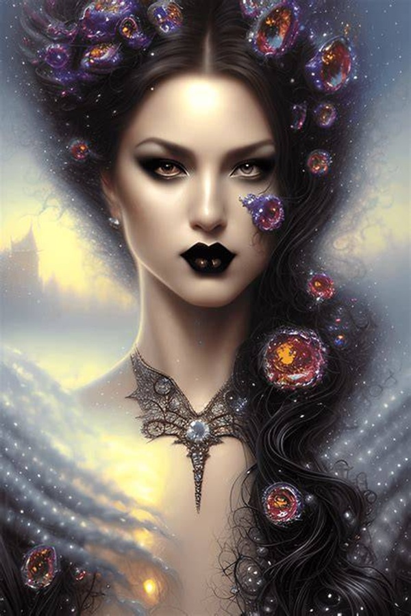 femeie cu parul saten lung si buzele negre