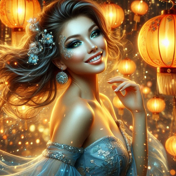 femeie bruneta cu ochi albastri si rochie albastra printre lampioane