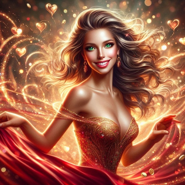 femeie satena in rochie rosie face o pirueta inconjurata de inimioare