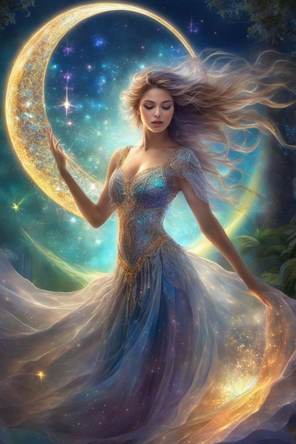 femeie imbracata in rochie bleu lunga priveste in jos in fundal luna noua