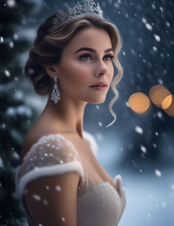 femeie in rochie alba pe timp de iarna cu zapada in jur si coroana alba pe cap