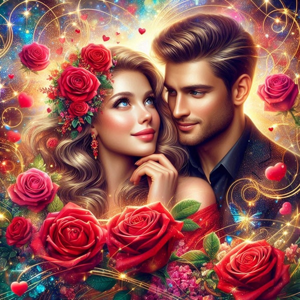 femeie blonda se uita in ochii unui barbat brunet inconjurati de trandafiri rosii si inimioare