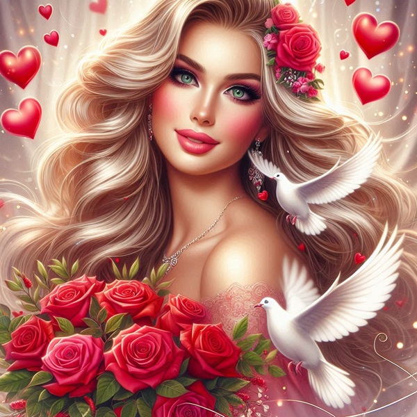 femeie blonda inconjurata de inimioare cu un buchet de trandafiri rosii in mana