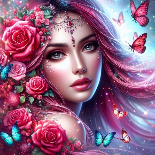 femeie cu parul roz inconjurata de flori roz si de fluturi