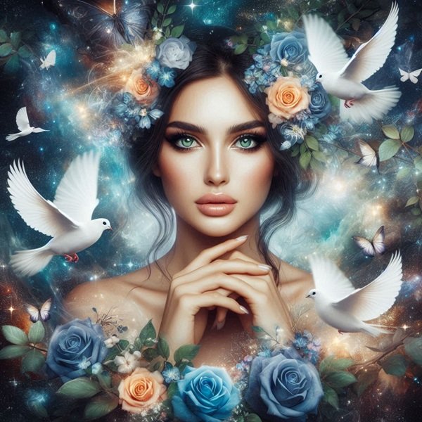 femeie bruneta cu parul prins inconjurata de fluturi si de porumbei albi cu o coroana de flori albastre