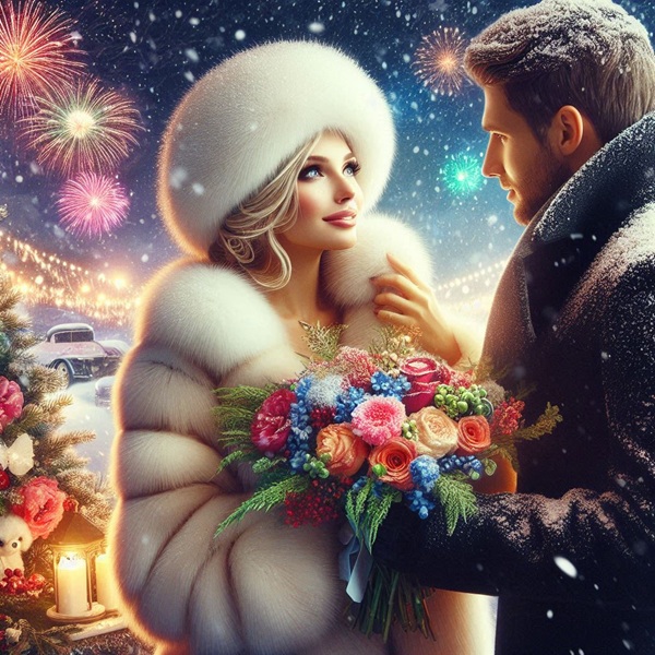 femeie cu haina si caciula de blana albe primeste buchet de flori de la un barbat in palton negru