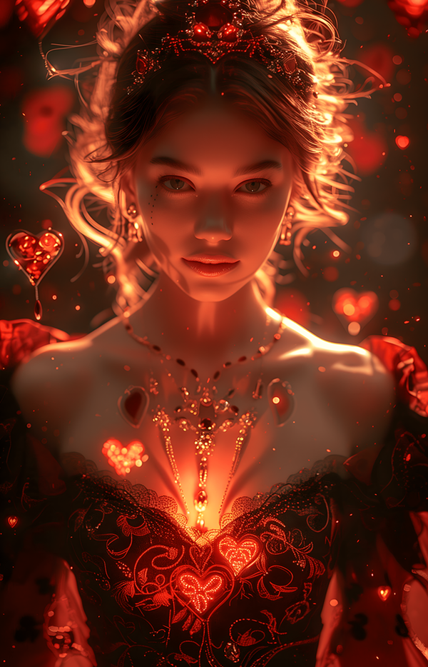 femeie satena cu parul prins si cu rochie rosie are un colier in forma de inima care straluceste