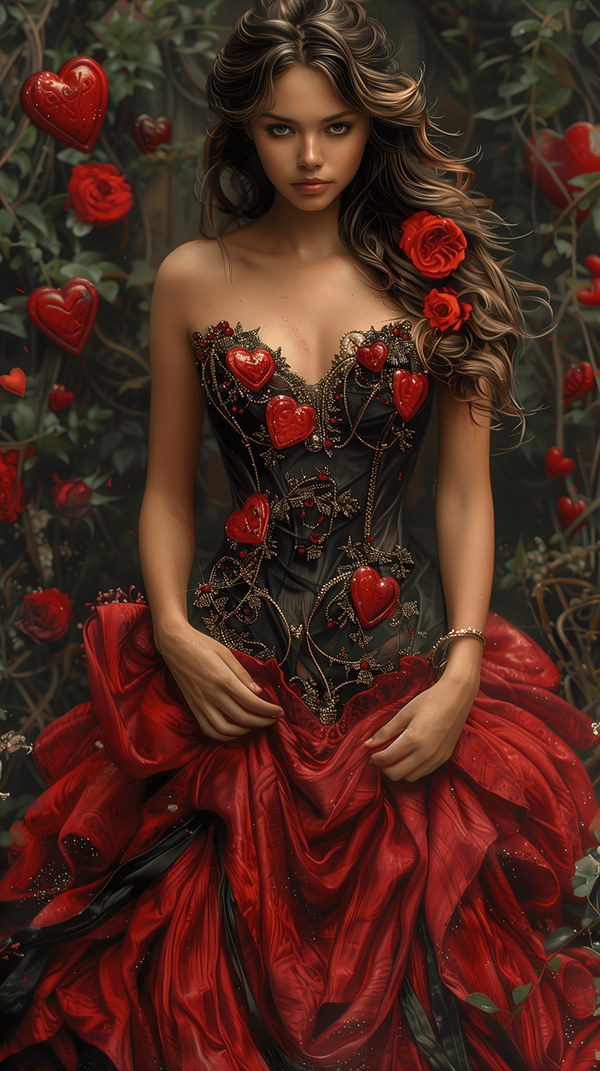 femeie imbracata in rochie rosie cu parul prins in coc inconjurata de inimi si de flori rosii