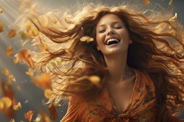femeie cu parul lung saten este fericita alearga in natura inconjurata de petale