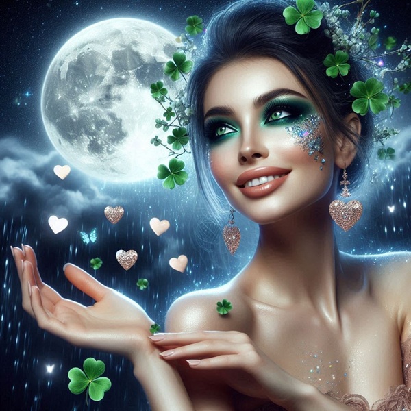 femeie cu parul prins in coc si machiaj verde cu trifoi cu 4 foi in par priveste spre luna plina