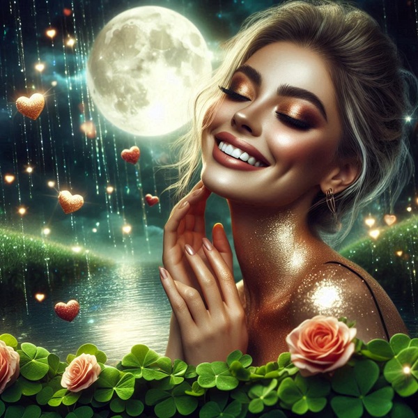 femeie cu parul prins in coc pe fundal de luna plina sub ploaie de inimi si de diamante