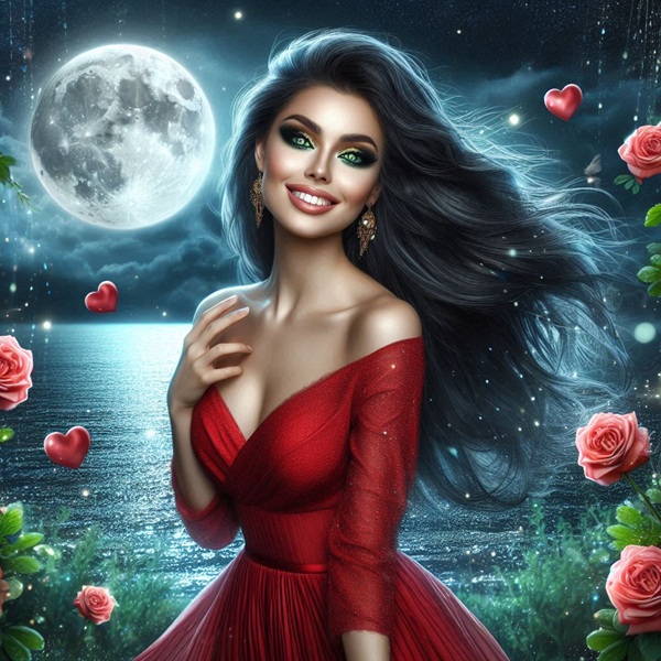 femeie cu parul negru si rochie rosie sub luna plina langa un lac