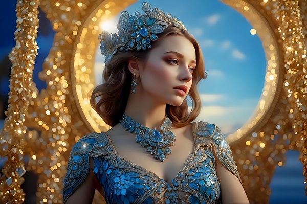 femeie cu parul saten imbracata in albastru priveste intr-o parte