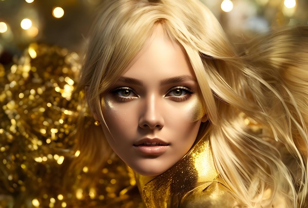femeie blonda inconjurata de confetti aurii