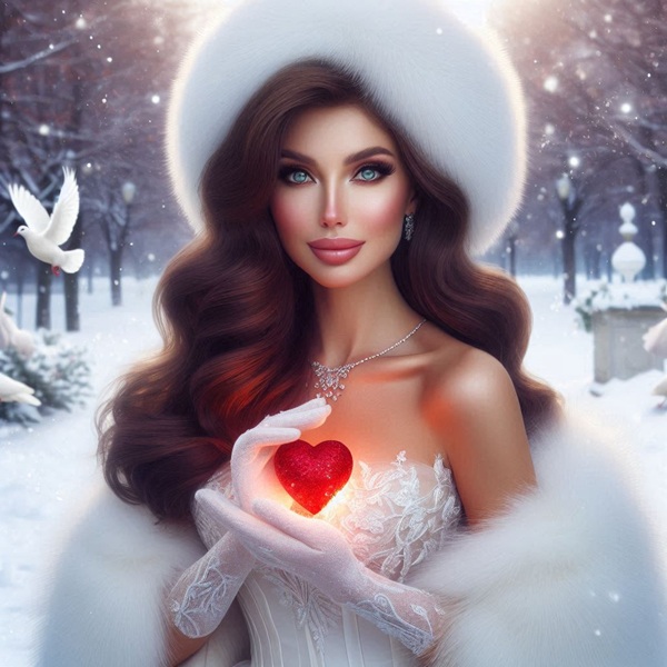 femeie cu parul lung saten imbracata in alb cu o caciula alba pe cap tine in mana o inima rosie