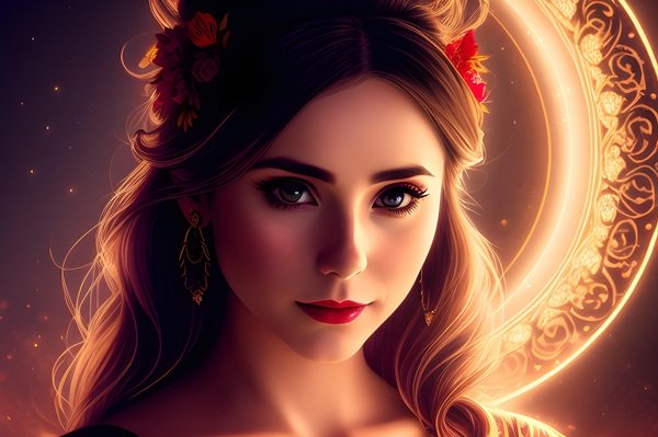 femeie satena cu parul lung cu o luna noua luminoasa in spatele ei