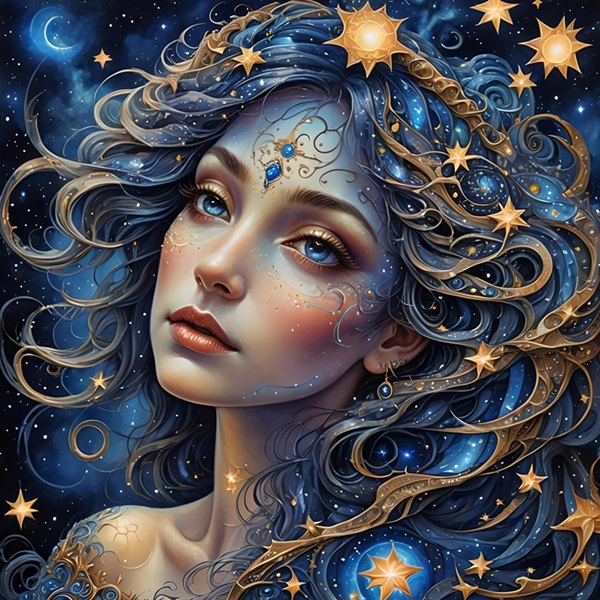 reprezentare a unui chip de femeie care priveste in sus cu parul albastru si stele in par