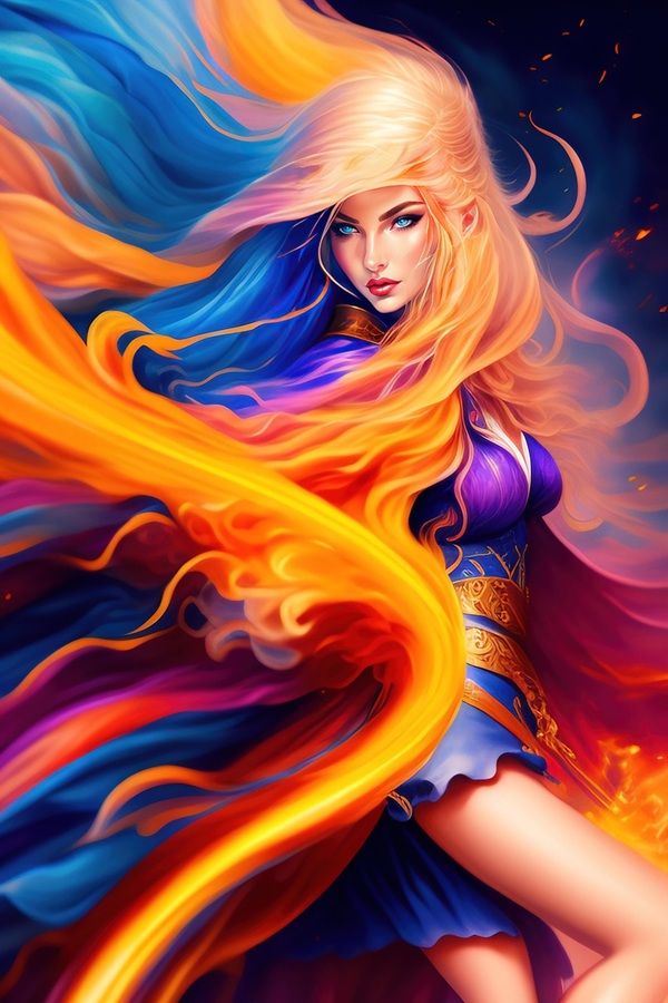 femeie cu parul lung inconjurata de o aura de lumina mov si portocalie