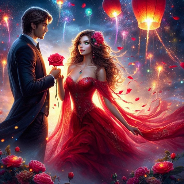 femeie in rochie lunga rosie cu parul saten primeste trandafir rosu de la un barbat in costum