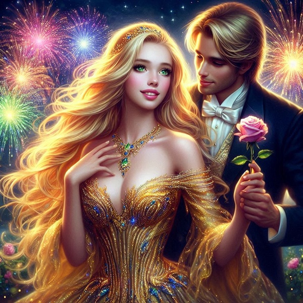femeie blonda in rochie aurie primeste un trandafir roz de la un barbat in costum negru