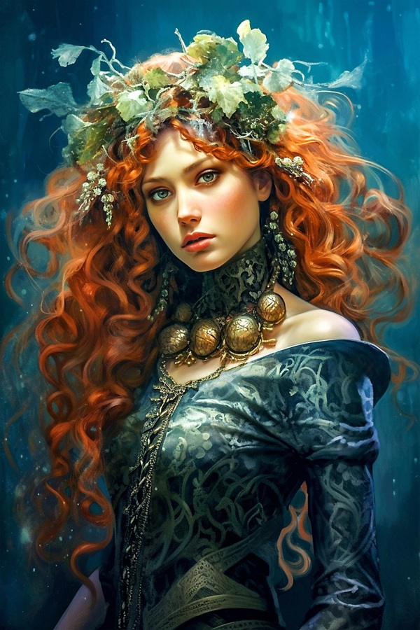 femeie cu parul roscat cu bucle imbracata in rochie albastra cu o coroana de flori pe cap