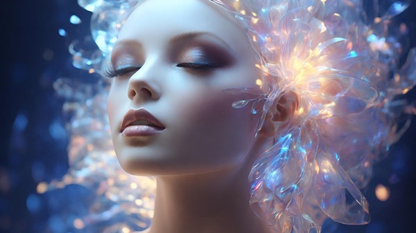 femeie cu parul rozaliu alb cu luminite in el sta cu ochii inchisi