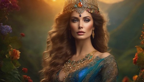 femeie cu parul lung saten cu bucle imbracata in albastru