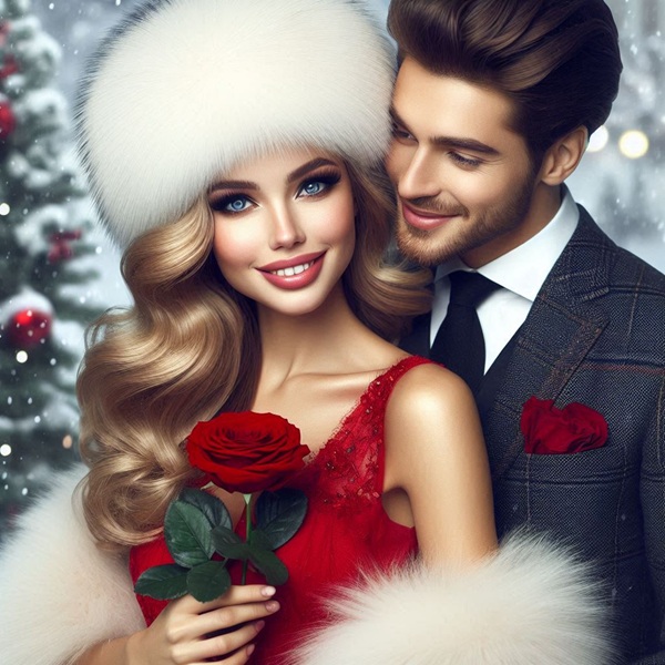 femeie blonda in rochie rosie tine in mana un trandafir si este tinuta in brate de un barbay