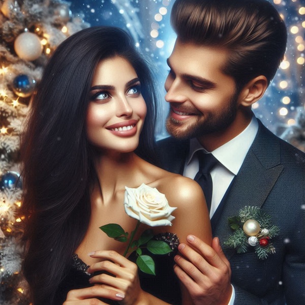 femeie bruneta cu parul lung tine in mana un trandafir alb si este tinuta in brate de un barbat