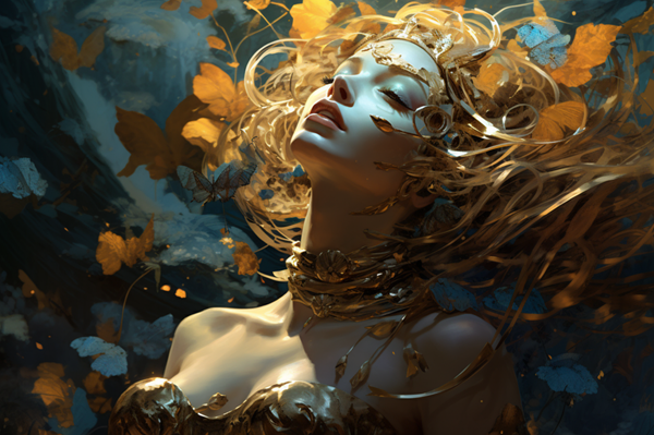 femeie cu parul lung si rochie decoltata sta cu ochii inchisi