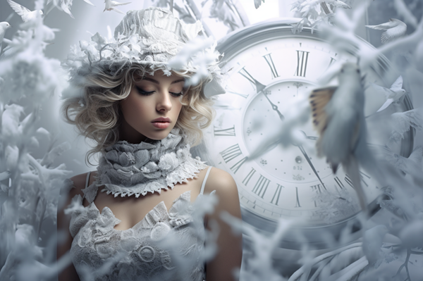 femeie cu palarie in cap si rochie alba langa un ceas sub zapada