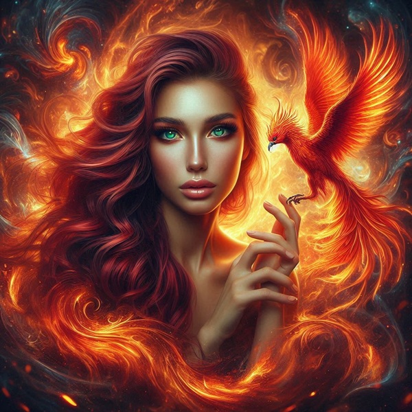 femeie cu parul roscat tine in mana o pasare phoenix