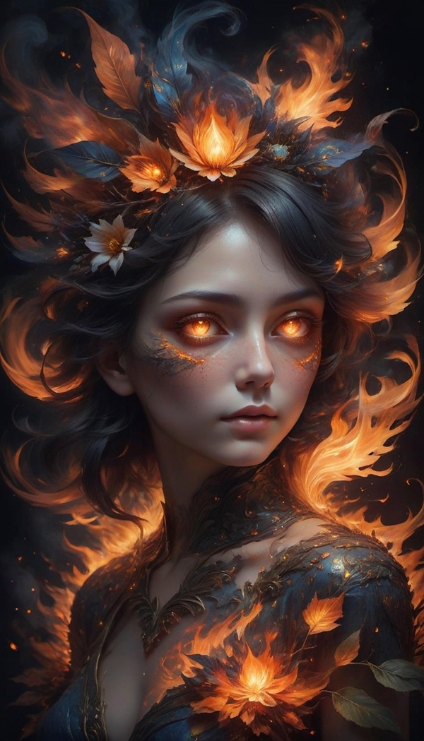 femeie cu parul scurt cu flori incandescente