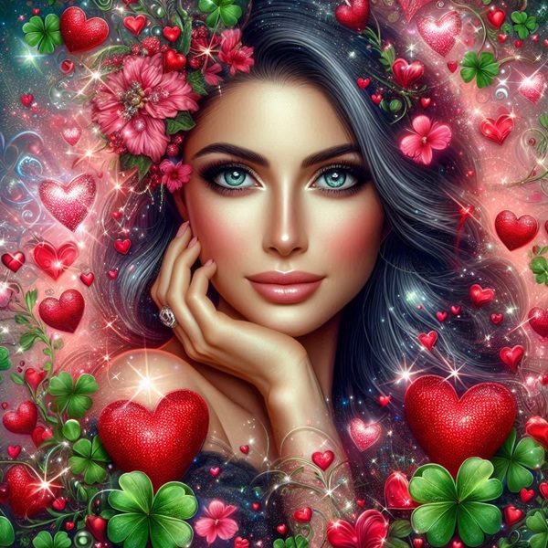 femeie bruneta cu parul lung inconjurata de inimioare