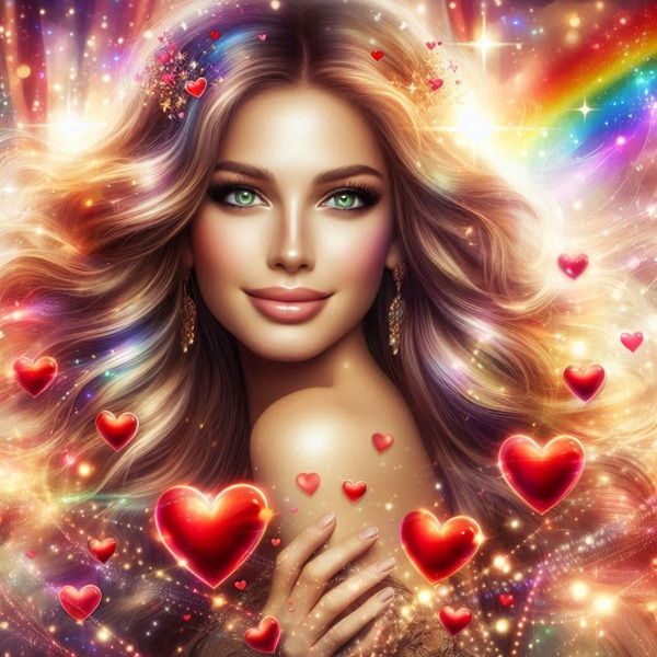 femeie blonda cu parul lung inconjurata de inimioare curcubei si trifoi verzi