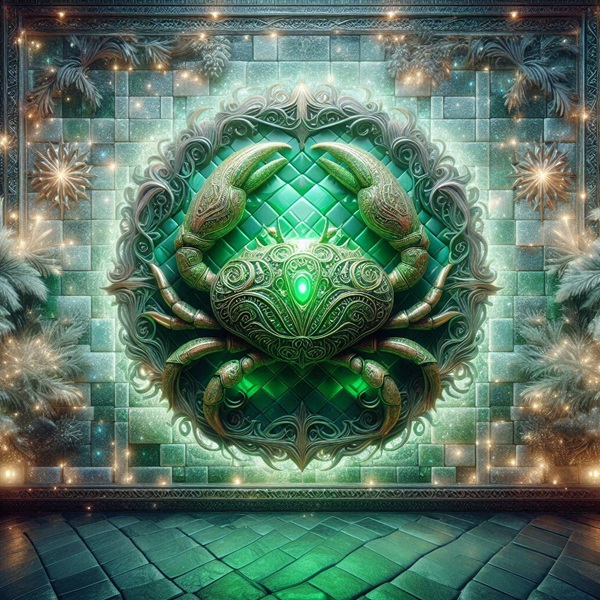 zodia rac formata din pietre de smarald pe un fundal de diamant