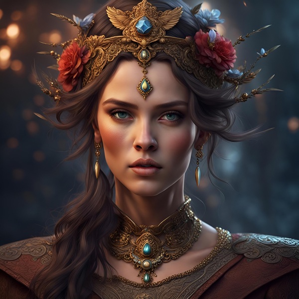 femeie satena cu parul prins intr-o parte si cu bijuterii