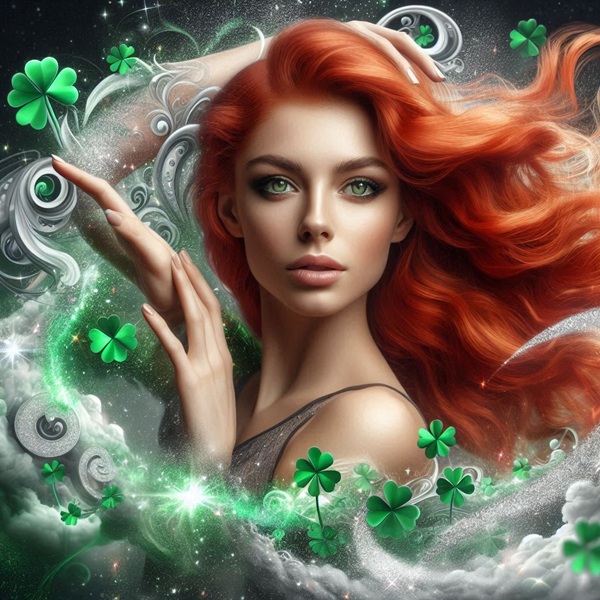 femeie cu par roscat inconjurata de trifoi cu patru foi si de fum