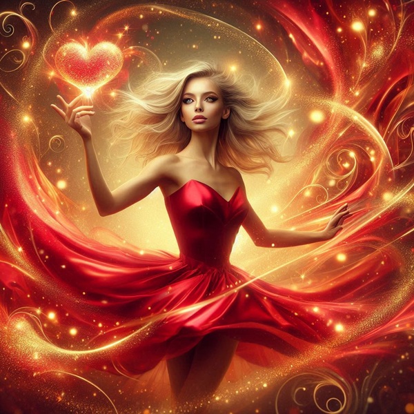 femeie in rochie rosie din satin face o pirueta inconjurata de inimioare