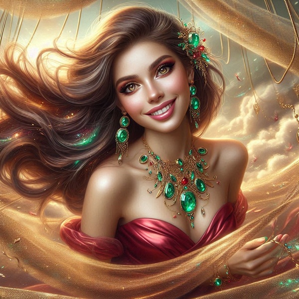 femeie cu parul saten lung lasat pe spate in rochie rosie cu bijuterii de smarald zambeste