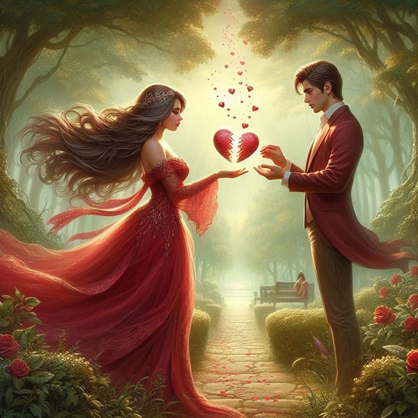 femeie in rochie rosie si barbat intr-o padure se despart