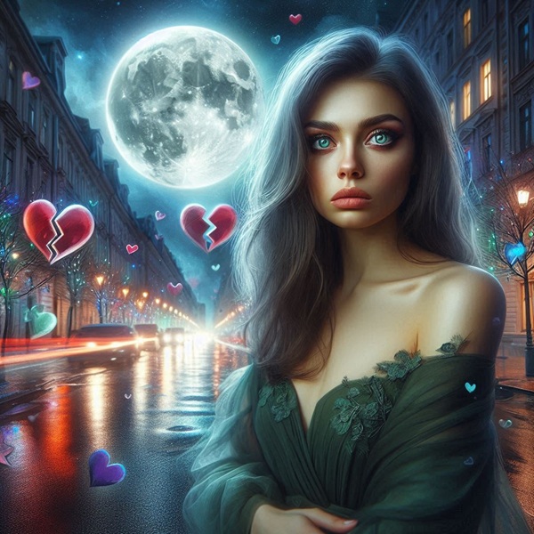 femeie cu parul saten ochii albastri in rochie verde cu inima ranita in oras noaptea luna plina