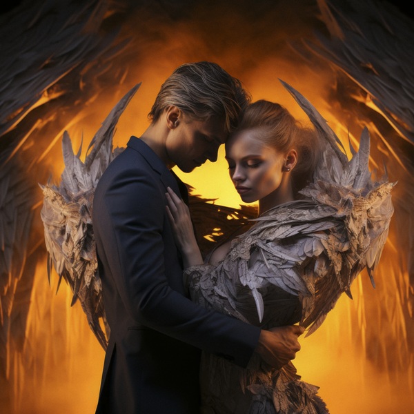 femeie blonda imbratiseaza un barbat brunet imbracat in negru cu aripi