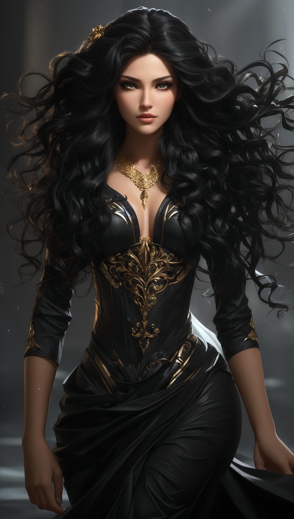 femeie bruneta cu parul lung si cret in rochie lunga si neagra